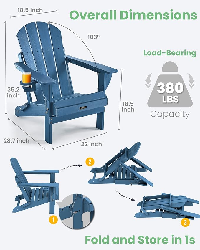 Ciokea Folding Adirondack Chair Wood Texture, Patio Adirondack Chair Weather Resistant, Plastic Fire Pit Chair with Cup Holder, Lawn Chair for Outdoor Porch Garden Backyard Deck (Royal Blue)
