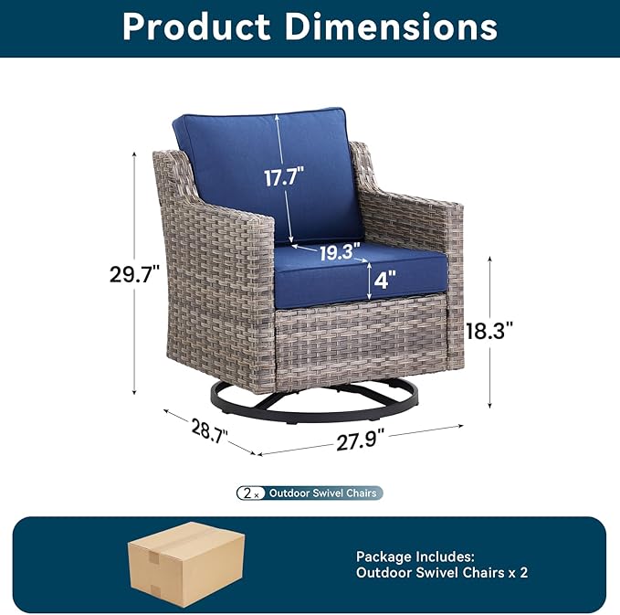 Outdoor Swivel Rocker Patio Chairs-High Back Wicker Swivel Rocker Patio Chairs Set of 2,PE Wicker Chair Patio Furniture Sets with Covered Cushions for Porch Balcony Patio Grey/Blue