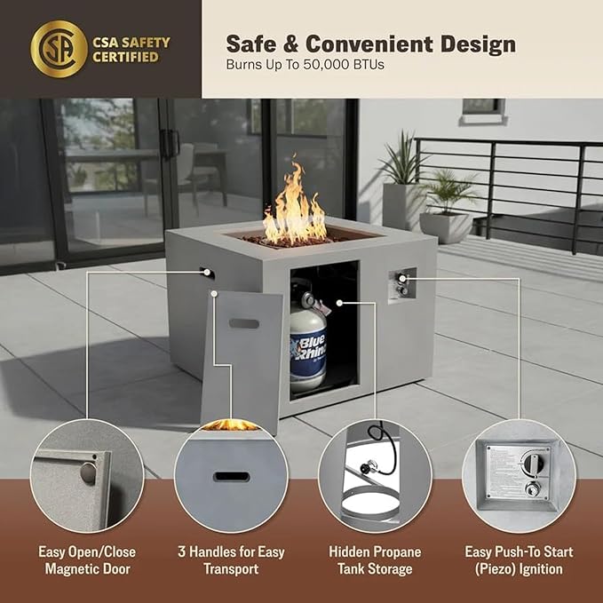 32" Smokeless Outdoor Alloy Steel Fire Pit Table w/Lid, All in One Propane Fire Table, Square Patio Firepit Table 50,000 BTUs, Lava Rocks, Weatherproof Cover, CSA Certified, for Outside Patio