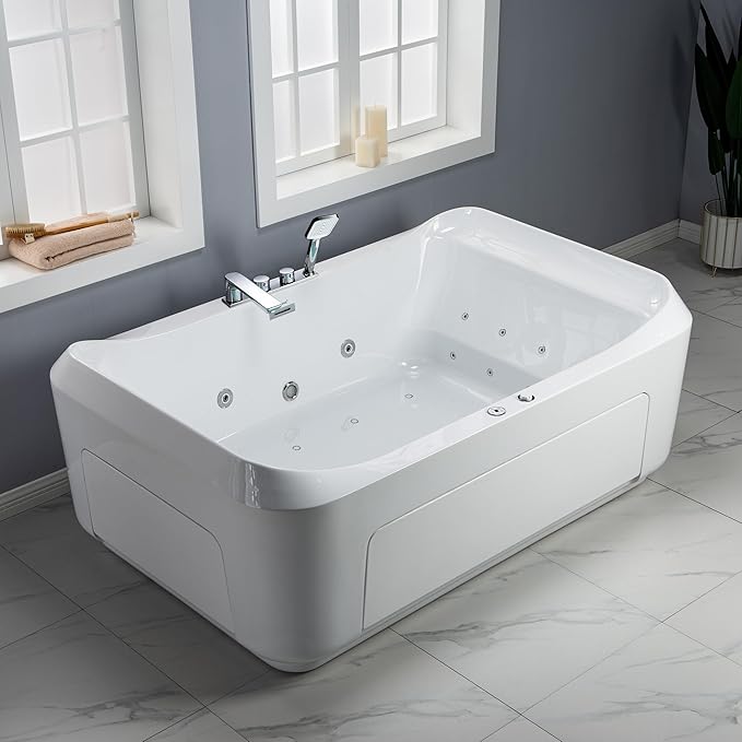 WOODBRIDGE 70-7/8"L x 47-1/4"W 2 Person Freestanding Hydrotherapy Whirlpool and Air Bath Heated Soaking Combination Massage Tub with Adjustable Speed Air Blower and Display Control Panel, B0091