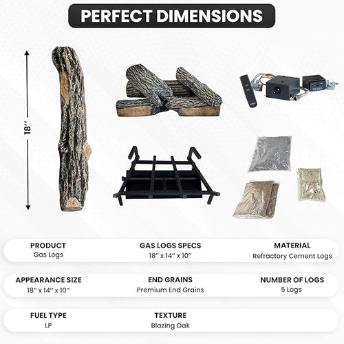 18" Premium Gas Logs - Remote Control Kit Included - for Liquid Propane Vented Fireplaces - Blazing Oak Design (Logs + Remote Light Kit)