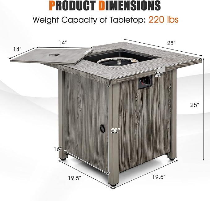 Giantex 28” Patio Fire Pit Table - 2-in-1 40,000 BTU Gas Square Fire Table with Lid & Lava Rocks, Metal Frame, PVC Protective Cover, CSA Certificated Propane Fire Pits for Outside, Poolside, Backyard