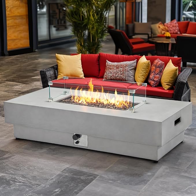 60 Inch Outdoor Propane Fire Pit Table with Wind Guard, 50,000 BTU Natural Gas Firepit for Outside Patio Rectangular Concrete Fire Table with Steel Lid, Lava Rock, Rain Cover