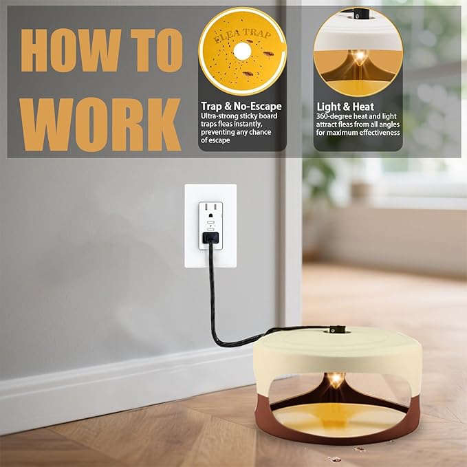 Flea Trap 4 Packs-Flea Traps for Inside Your Home, Bed Bug with Light for Indoor, Friendly Light Trap for Indoor & Garage with 12 Sticky Disc 12 Bulbs 4 Electric Wires, Safe to Pets & Human (Brown)