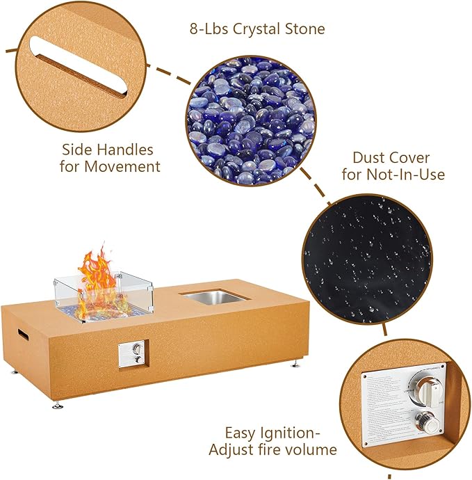 56" Outdoor Propane Fire Pit Table, 50000BTU Fire Table with Wind Guard, 11LBs Glass Beads & Rain Cover, Patio Heater with Anti-Rust Coating, Stainless Steel Gas Fire Pits for Outside Patio, Yellow