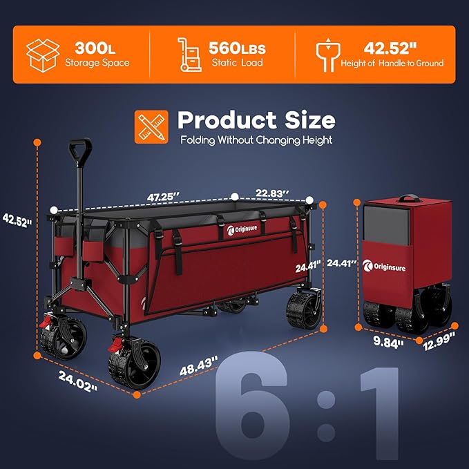 48" L Collapsible Wagon Cart Foldable, 560lbs Weight Capacity 300L Heavy Duty Folding Beach Wagons with Big All-Terrain Wheels, Utility Carts for Groceries, Shopping, Camping, Sports - Grey&Red
