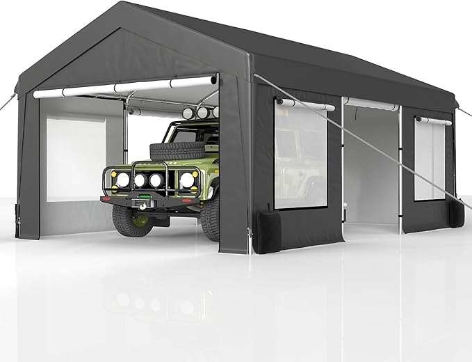 COVERONICS 12x20 FT Heavy Duty Carport Tent - Portable Outdoor Car Canopy with Roll-up Side Doors & Windows, Portable Garage with 4 Sandbags for Car, Truck and Outdoor Event, Gray