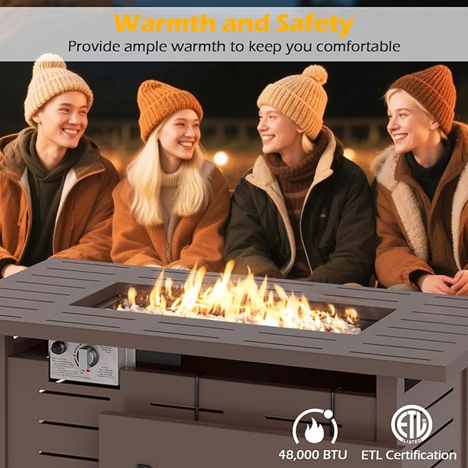 Tangkula Outdoor Propane Fire Pit Table, 40 Inch ETL Certified Outside Rectangle Gas Fire Table with Lava Rocks, Removable Lid and Protective Cover for Patio, Garden, Deck and Backyard (Brown)