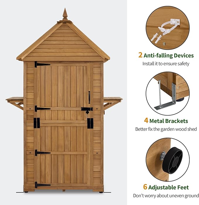 MCombo Large Outdoor Storage Cabinet with 6 Shelves (2.9 x 2.9 x 8.1 ft), Wood Storage Shed, Garden Shed with 2 Foldable Tables for Patio Yard Lawn, 2645