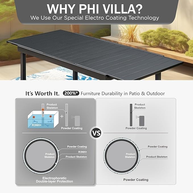 PHI VILLA Expandable Outdoor Dining Table for 6-8, Rectangle Metal Wrought Iron Extendable Table, Large Dining Furniture for Patio, Yard, Porch, Deck