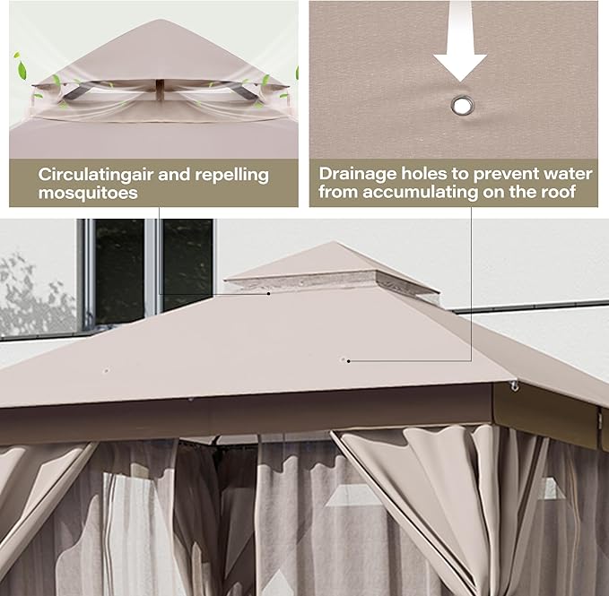 LAUSAINT HOME Outdoor Patio Gazebo 10'x10' with Expansion Bolts, Heavy Duty Party Tent & Shelter with Double Roofs, Mosquito Nettings and Privacy Screens for Backyard (Khaki)