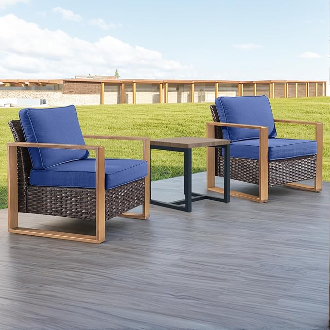 Rilyson 3 Piece Wicker Patio Furniture Set,Patio Bistro Set with 2 Rattan Armrest Chairs and 1 Side Table,Sturdy Frame,All-Weather PE Wicker,Wide Armrest,Deep Seating and Thick Cushions(Brown/Blue)