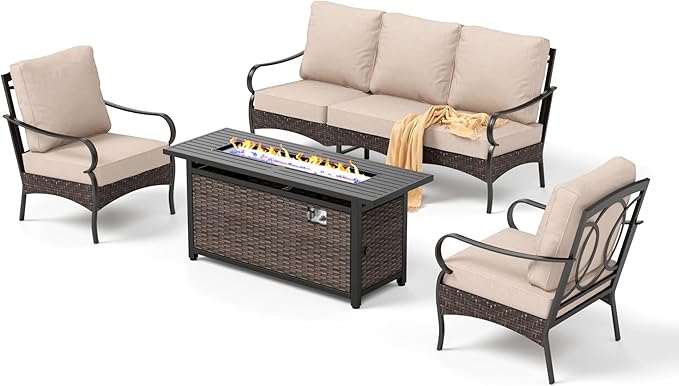Patio Furniture Set with 56" Fire Pit Table, Premium Outdoor Wicker Metal Frame Furniture with Upgraded Waterproof Thick Cushions for Porch, Poolside, Deck, and Yard （4 Pieces,Beige）
