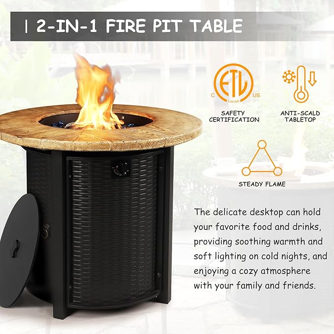 30 Inch Round Propane Fire Pit Table,50,000 BTU Iron Gas Fire Pit with Lid,Ignition Systems,w/Glass Stones and Rain Cover,Outdoor Firepit Table for Patio & Deck