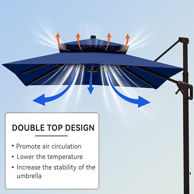 9' X 12' Cantilever Patio Umbrella with Base Included Double Top Rectangular Outdoor Large Offset Umbrellas with 7 Tilts Adjustable 360°Rotation for Deck Pool Garden Backyard, Navy