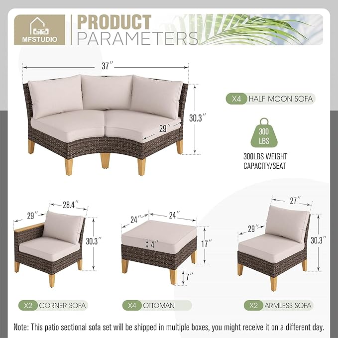 MFSTUDIO 12 Pieces Extra Large Wicker Patio Furniture Set, Half-Moon Curved Outdoor Rattan Patio Sectional Sofa Set, 4 x Curved Sofa, 2 x Armless Couch, 4 x Ottoman, 2 x Corner Chair(Beige Cushion)