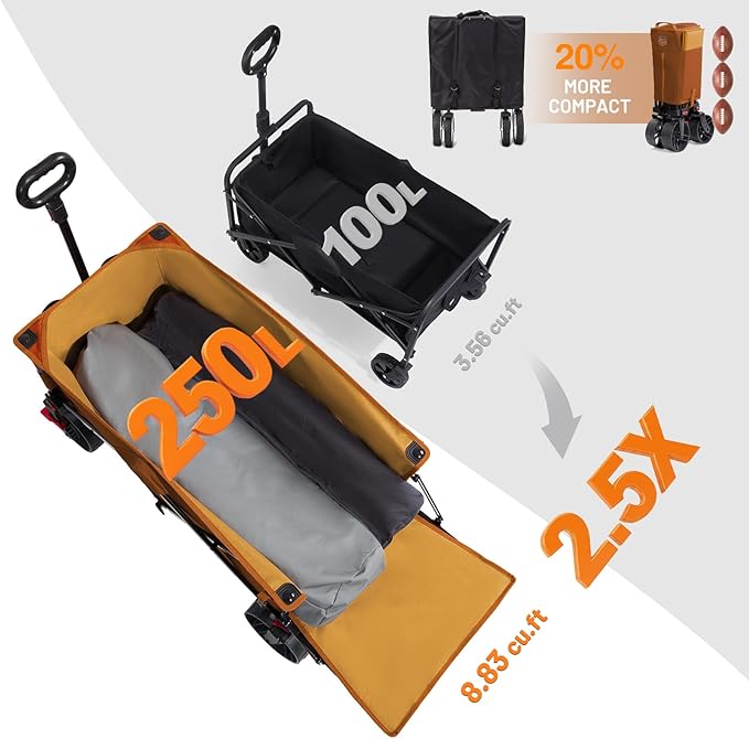 TIMBER RIDGE 47"L Collapsible Folding Wagon with Tailgate, 550lbs Heavy Duty Beach Wagon with All-Terrain Big Wheels, 250L Foldable Utility Wagon Cart for Sand Camping Sports Shopping, Orange