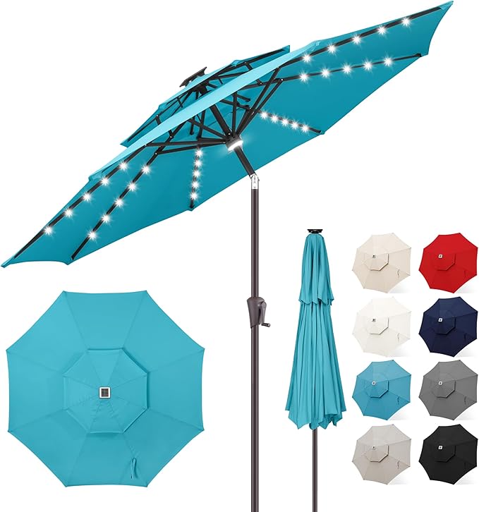 FLAME&SHADE 9 ft Double Top Solar Powered Outdoor Market Patio Table Umbrella with LED Lights and Tilt, Aqua Blue