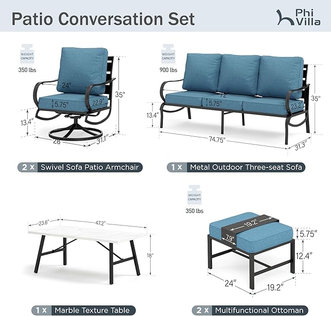 PHI VILLA 6 Piece Patio Furniture Sets with 1 x 3-Seat Deep Seating Bench, 2 x Cushioned Swivel Sofa Chairs, 1 x Coffee Table & 2 Ottoman, Outdoor Metal Conversation Set for Lawn Garden, Navy Blue