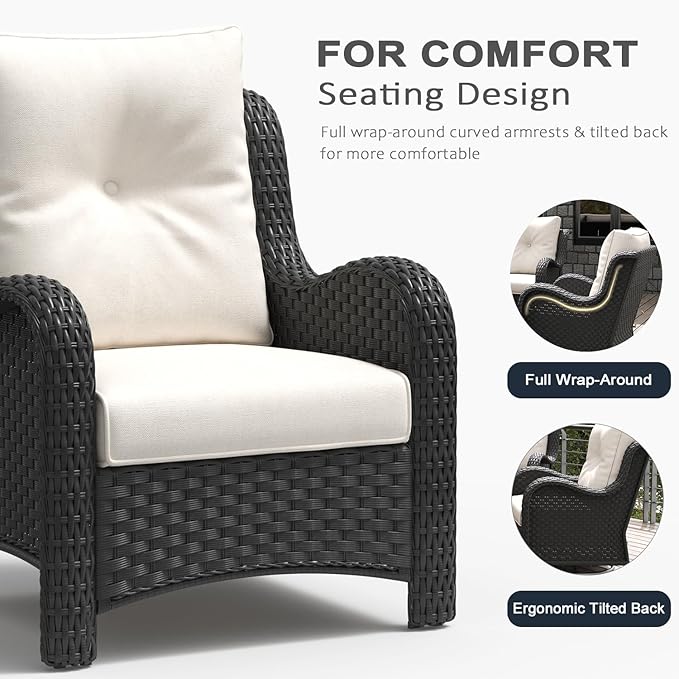 LayinSun 7 Pieces Outdoor Patio Furniture Set with Fire Pit Table, Rattan Wicker Sectional Chairs Sets with Ottomans, Single Chairs and Coffee Table