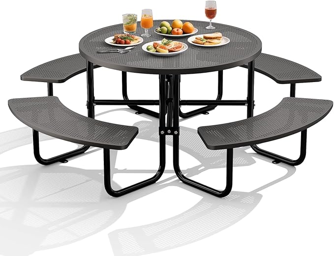 KUFUH 46" Coated Round Metal Picnic Table for 4-8 Person, Durable Heavy Duty Commercial Picnic Table with Umbrella Hole for Outdoor Coffee Shop, School, Easy to Install, Black
