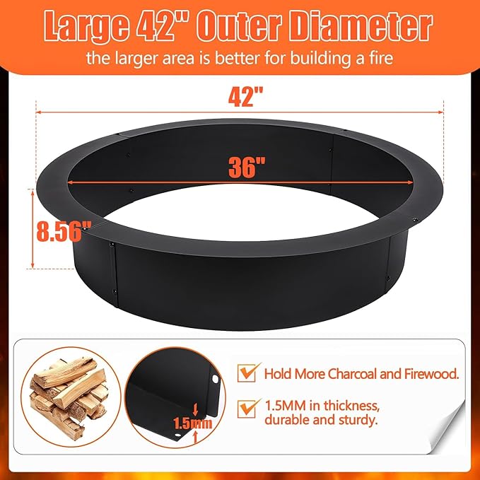 Fire Pit Ring 42-Inch Outer/36-Inch Inner Diameter for Outside Fire Pit, Heavy Duty Steel Insert, DIY Ring Insert Accessories, Easy Setup Above or In-Ground for Backyard, Camping, Black
