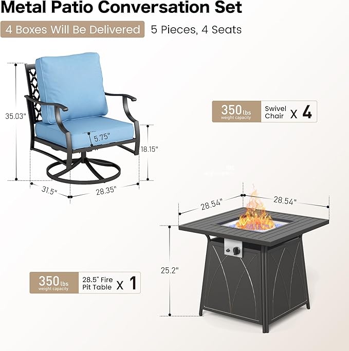 SUNSHINE VALLEY 5 Piece Metal Outdoor Patio Furniture Set with Fire Pit Table, Patio Conversation Sets 4 Swivel Chairs with 5.75" Thick Cushion and 5000 BTU Fire Pit Table, Backyard Furniture, Blue