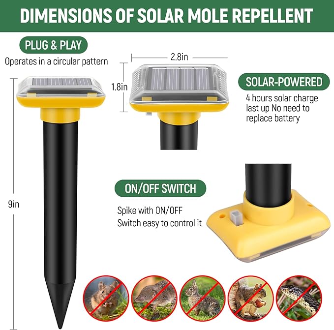 Mole Repellent Solar Powered,2025 Upgraded Gopher Repellent Ultrasonic Solar Powered,Vole Repeller Outdoor for Lawns Garden Yard,Gopher Trap Killer for Mole,Snake (Yellow,6 Pack)
