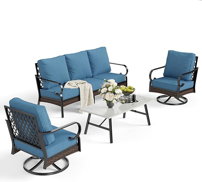 SUNSHINE VALLEY 5 PCS Metal Outdoor Patio Furniture Set, Patio Conversation Sets 1 3-Seater Sofa, 2 Swivel Chairs with 5.75" Extra Thick Cushion & Coffee Table, Black Backyard Furniture, Denim Blue