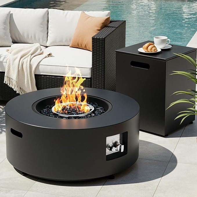 TLGREEN 30in Propane Fire Pit Table Set,2 in 1 Round Patio Table,50,000 BTU,Rain Cover,Outdoor Gas Firepit,304 Stainless Burner,Adjustable Legs, Blue Glass for Backyard, Garden,Pool,Balcony,Dark Gray