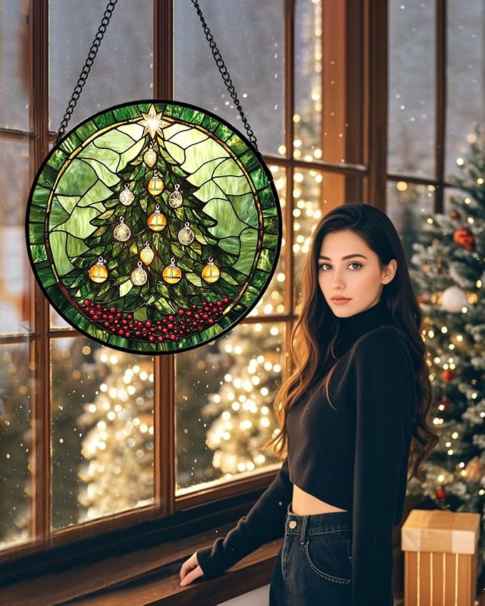 DASTOLL Stained Glass Window Hanging - Green Christmas Tree Golden Bells Suncatcher for Doors Home Christmas Decoration Sun Catcher Thanksgiving New Year Birthday Gift for Women Men Mom Nana 9.8 in