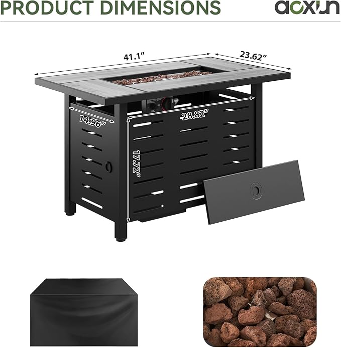 Aoxun 41 Inch Propane Fire Pit with Real Ceramic Tabletop, 50,000 BTU Gas Fire Pit Table with Removable Lid & Lava Rocks, Rectangle Firepit Table for Outside, Patio, Deck, Backyard, Black