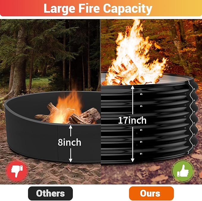 32 Inch Outdoor Fire Pit Ring,17'' Taller High Heat Resistant Wood Burning Firepit & Fireplace for Outside, Heavy Duty Galvanized Steel Fire Pits Bowl for Backyard Bonfire, Patio, Camping, Round