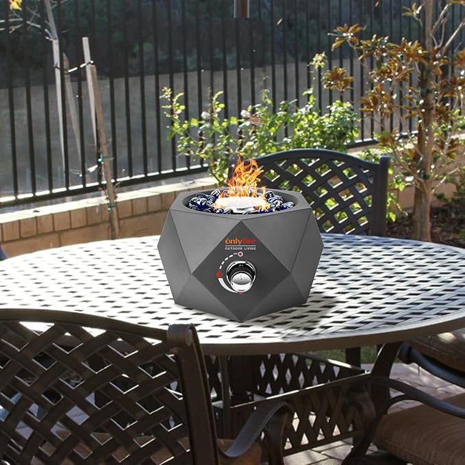 ONLYFIRE OUTDOOR LIVING Propane Gas Fire Pit with Blue Fire Glass Stones, 14" Portable Tabletop Gas Firepit Side-Mounted, Smokeless Firepit for Patio Bonfire Camping RV Tailgating, Modern FP004