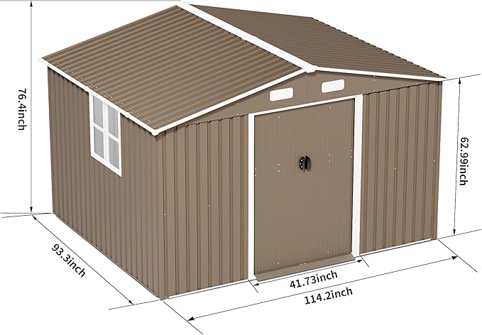 Kurapika 10×8 FT Outdoor Storage Shed Large Metal Tool Shed with Floor, Window and Lockable Door, for Garden, Patio, Backyard, Lawn(Brown)