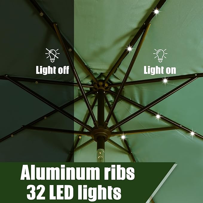 9FT Solar Umbrella 32 LED Patio Umbrellas with Tilt and Crank,Table Market Outdoor Umbrella for Garden,8 Ribs
