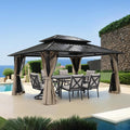 SEEHILL 10' x 12' Hardtop Gazebo, Aluminum Frame Outdoor Patio Gazebo with Netting and Curtains, Outdoor Hardtop Gazebos, Patio Pergolas with Double Metal Roofs for Backyard, Patio, Deck, Sandstone