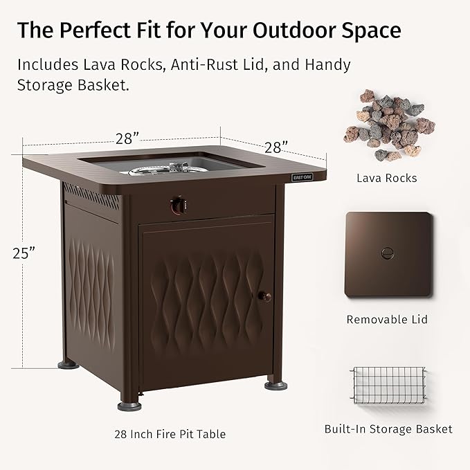 EAST OAK 28" Upgraded Outdoor Propane Fire Pit Table | 52,000 BTU Gas Fire Pit Table for Outside with Magnetic Lid | Storage Basket & Lava Rocks | CSA Certified for Patio, Garden & Backyard | Brown