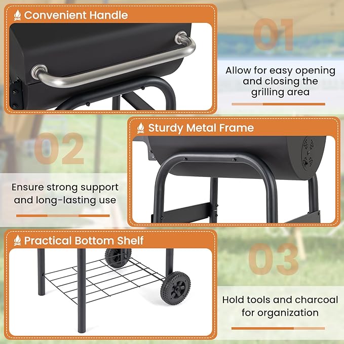 Giantex Portable Charcoal Grill with Foldable Side Table, Outdoor BBQ Smoker Grill with Wheels, Thermometer, Adjustable Air Vent, Bottom Shelf, Barrel Barbecue Grills for Patio, Camping & Tailgate