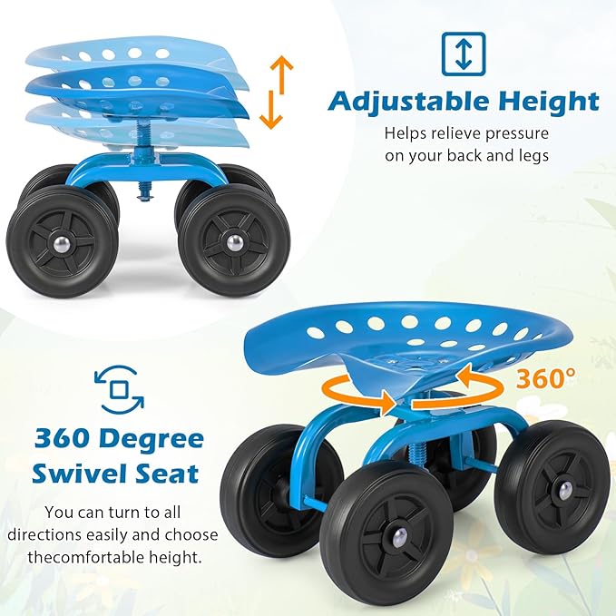 Goplus Garden Cart with Wheels, Utility Stool Cart w/Adjustable 360 Degree Swivel Seat, Outdoor Lawn Yard Rolling Work Seat, Garden Scooter for Planting (Blue)