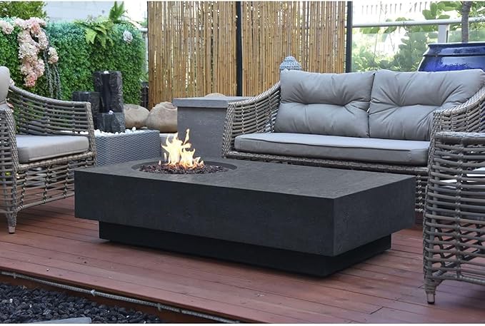 Elementi Metropolis Gas Fire Pit Cast Concrete Fire Table, Outdoor Fire Pit Electronic Ignition | Canvas Cover, Lava Rock Included | Free AMS Wind Guard | Dark Gray (Propane Gas)