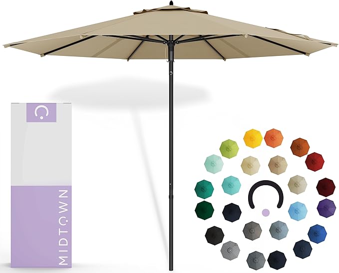 Midtown Umbrellas Push Pop Sunbrella Umbrella 9 Feet Outdoor Umbrella in Heather Tan Fabric - Patio Umbrella, Backyard Umbrella, Garden Umbrella, Picnic Table Umbrella & Pool Umbrella - Black Pole
