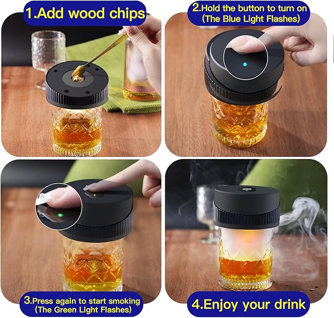 Rechargeable Whiskey Smoker Kit with 8 Wood Chip, Electric Whiskey Smoker Kit Built-in Lighter, Old Fashioned Smoker Kit, Bourbon Whiskey Gifts for Men,Dad,Husband,Boyfriend (No Butane Needed)