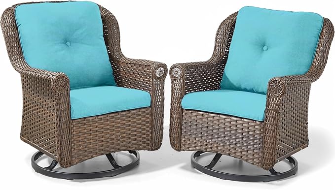 Patio Chairs Outdoor Swivel Glider - Set of 2 High Back Outside Brown Wicker Rattan Rocking Chair with Thick Cushion for Porch Apartment Deck Yard Poolside Garden - Turqoise