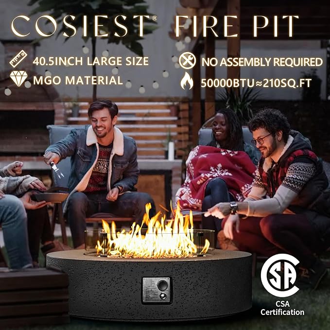 COSIEST 42 inch Outdoor Propane Fire Pit Coffee Table w Concrete Round Base Patio Heater, Certified, 50,000 BTU Stainless Steel Burner, Free Lava Rocks, Wind Guard, Rain Cover, Gray