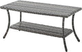 Rilyson Patio Tables Outdoor Coffee Table - Wicker Rattan Coffee Tables with 2-Tier Storage Shelf Side Table for Porch Deck Balcony Garden Outside Rectangle Mixed Grey