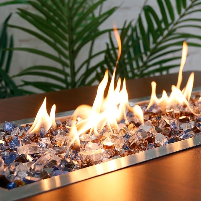 GRISUN Fire Glass Blended for Fire Pit, 1/2 Inch 10 Pounds High Luster Reflective Tempered Glass Rocks for Natural or Propane Fireplace, Safe for Outdoors and Indoors Fire Pit, Copper, Blue, White