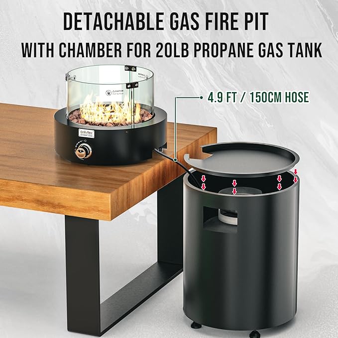 ONLYFIRE OUTDOOR LIVING Detachable Gas Fire Pit with Lava Rocks, Glass Shield & Wheels, Smokeless Propane Fireplace with Hose for Patio Backyard Camping RV Tailgating Restaurant Beach, Round, #FP034