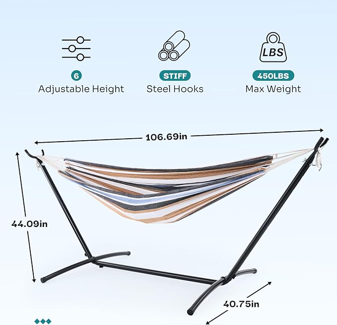 NEWBULIG Double Hammock with Stand, Heavy Duty Portable Hammocks for Outdoor Indoor Patio Camping, Space Saving Design & Carry Bag, Easy Assembly, 450lb Weight Capacity