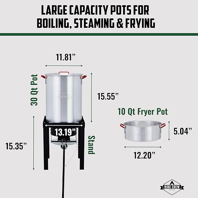 Hike Crew Outdoor Turkey Fryer Kit - Complete Kit for Steaming, Boiling & Frying with 30Qt Boiler Pot, 10Qt Fryer Pot, Fry Baskets, Stand, 2 Thermometers, Injector, Gloves, Storage Cover & More